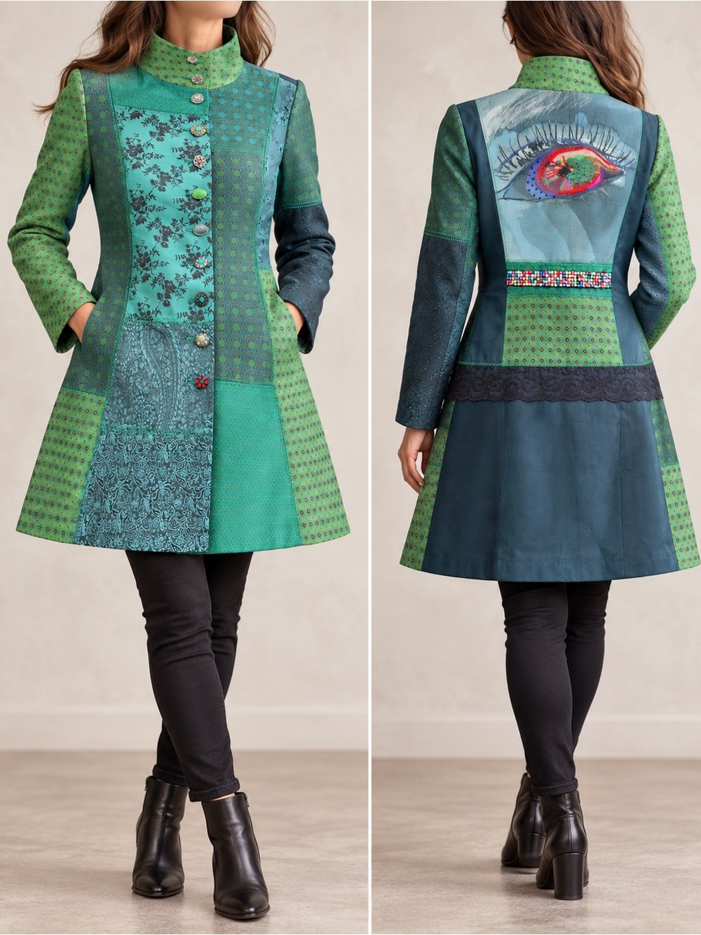 Desigual Patchwork Statement Coat Eye Motif Jewel Buttons Size 46